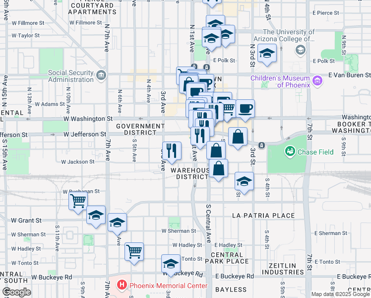 map of restaurants, bars, coffee shops, grocery stores, and more near 101 West Madison Street in Phoenix