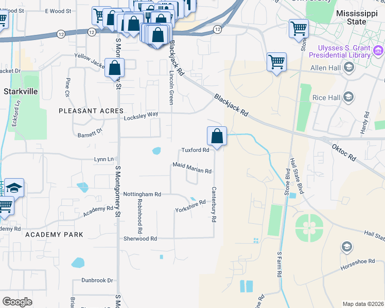 map of restaurants, bars, coffee shops, grocery stores, and more near 155-199 Maid Marian Rd in Starkville