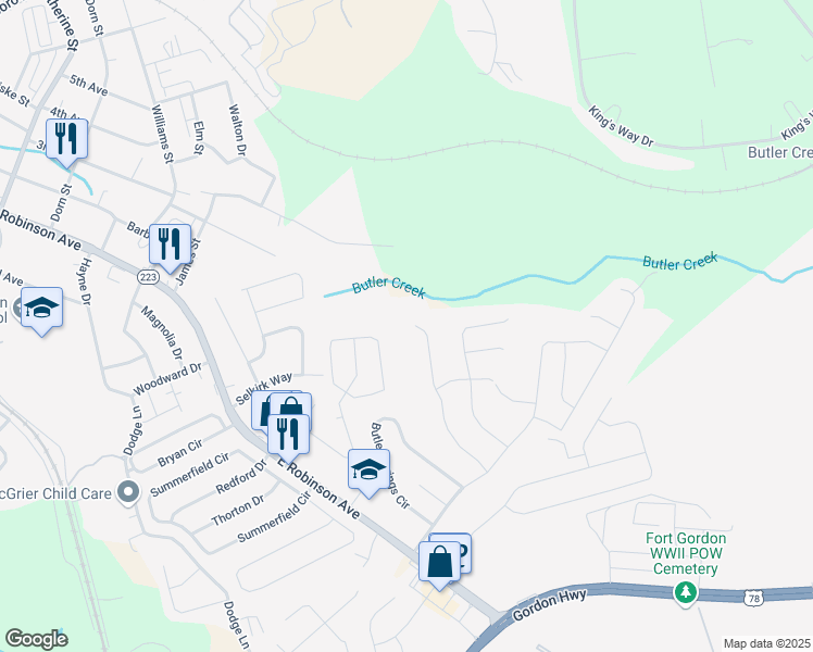 map of restaurants, bars, coffee shops, grocery stores, and more near 745 Porter Lane in Grovetown