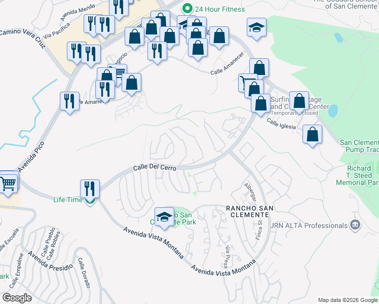 map of restaurants, bars, coffee shops, grocery stores, and more near 1038 Calle Del Cerro in San Clemente