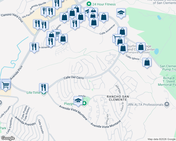 map of restaurants, bars, coffee shops, grocery stores, and more near 1056 Calle Del Cerro in San Clemente