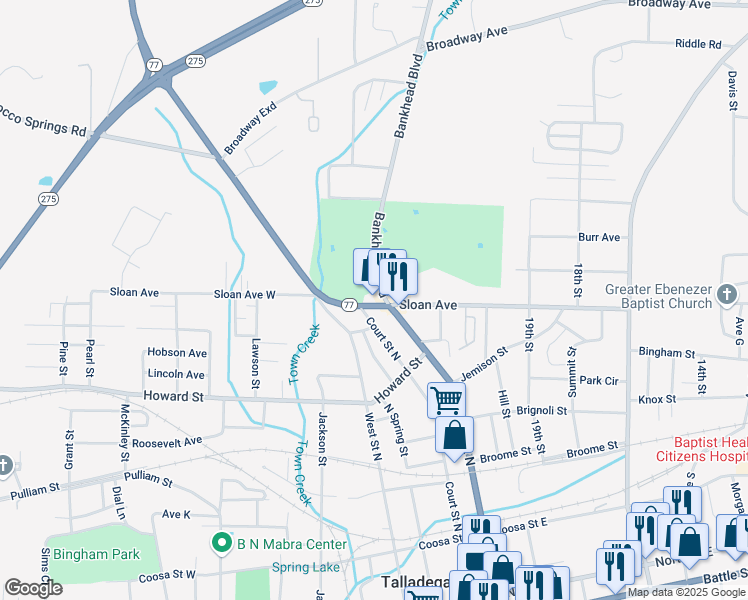 map of restaurants, bars, coffee shops, grocery stores, and more near 64940 Alabama 77 in Talladega