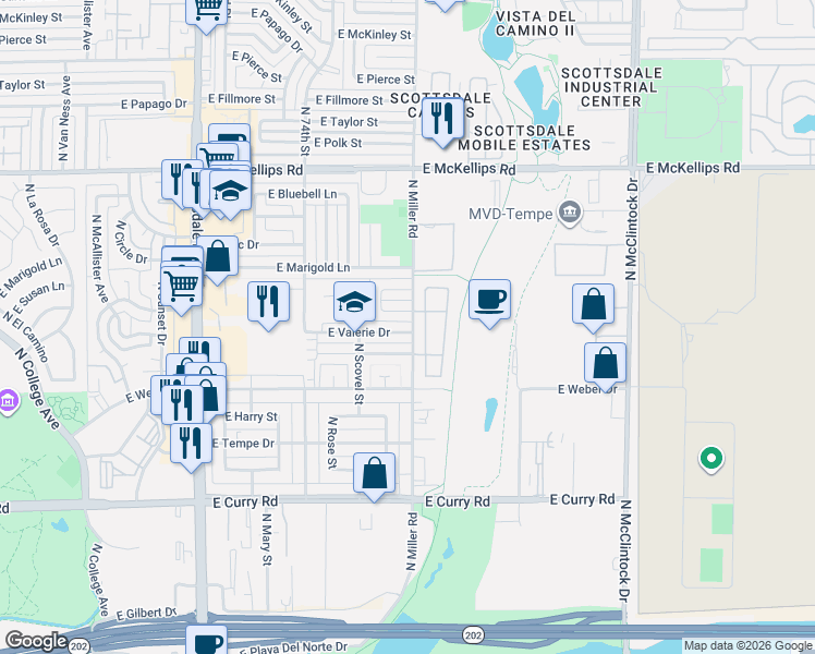map of restaurants, bars, coffee shops, grocery stores, and more near 1246 East Marny Road in Tempe