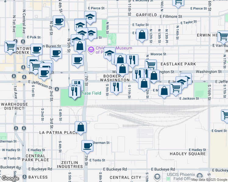 map of restaurants, bars, coffee shops, grocery stores, and more near 1003 East Madison Street in Phoenix