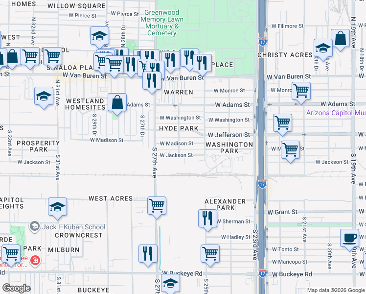 map of restaurants, bars, coffee shops, grocery stores, and more near 2534 West Jackson Street in Phoenix