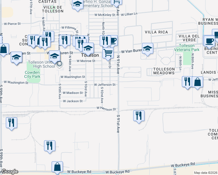 map of restaurants, bars, coffee shops, grocery stores, and more near 113 South 92nd Avenue in Tolleson