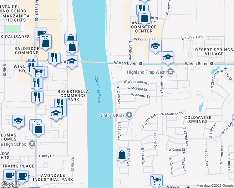 map of restaurants, bars, coffee shops, grocery stores, and more near 10 North 126th Avenue in Avondale