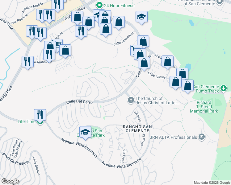 map of restaurants, bars, coffee shops, grocery stores, and more near 1201 Via Visalia in San Clemente