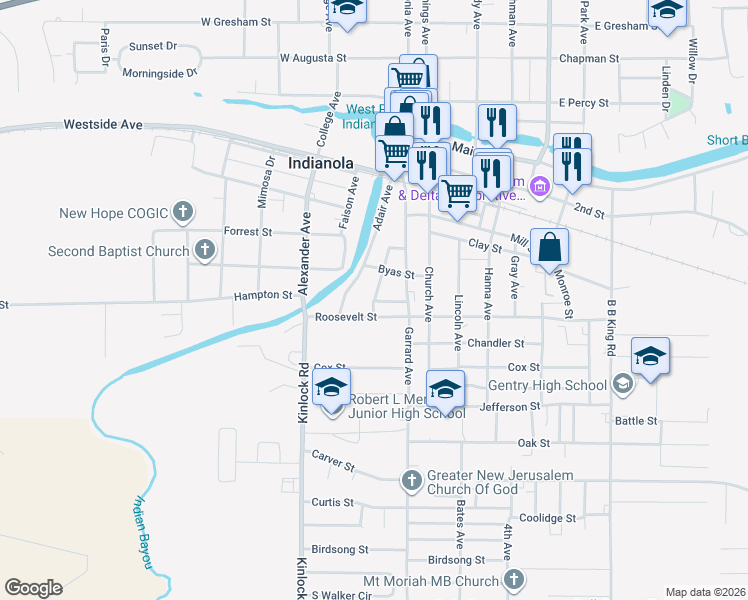 map of restaurants, bars, coffee shops, grocery stores, and more near 229-235 Roosevelt Street in Indianola
