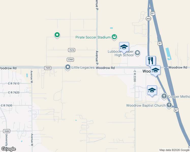 map of restaurants, bars, coffee shops, grocery stores, and more near 1701 Woodrow Road in Lubbock