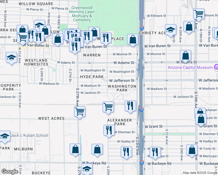 map of restaurants, bars, coffee shops, grocery stores, and more near 2502 West Jackson Street in Phoenix