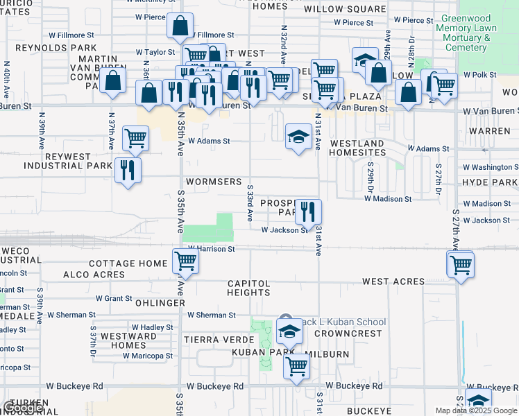 map of restaurants, bars, coffee shops, grocery stores, and more near 3223 West Madison Street in Phoenix