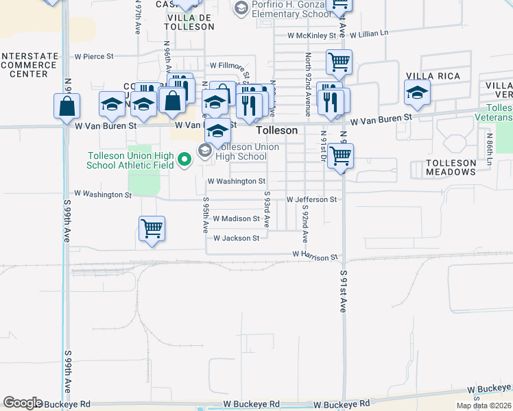 map of restaurants, bars, coffee shops, grocery stores, and more near 9302 West Madison Street in Tolleson