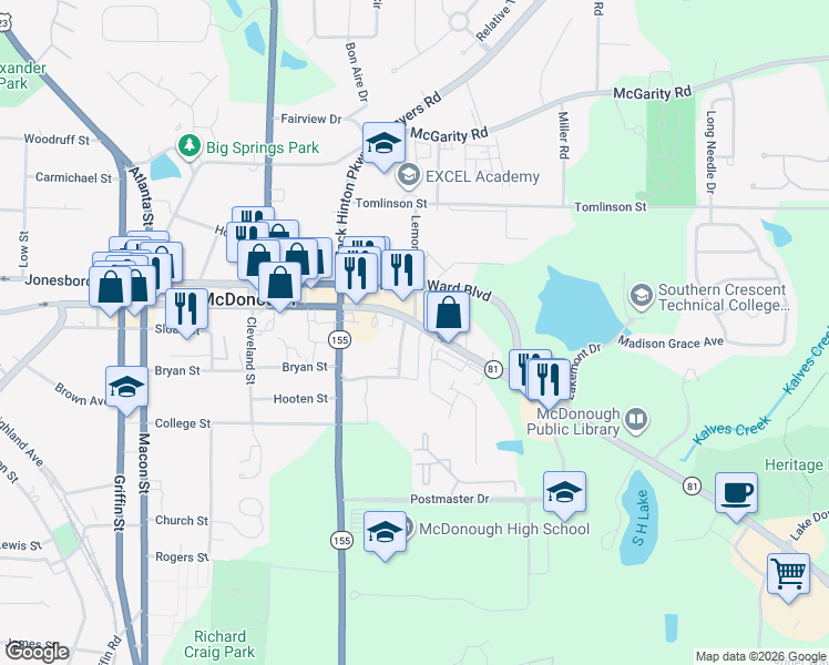 map of restaurants, bars, coffee shops, grocery stores, and more near 78 Morgan Drive in McDonough