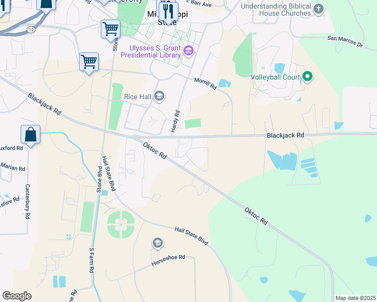 map of restaurants, bars, coffee shops, grocery stores, and more near 100 Dawg Drive in Starkville