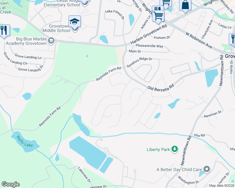 map of restaurants, bars, coffee shops, grocery stores, and more near 6100 Reynolds Circle in Grovetown