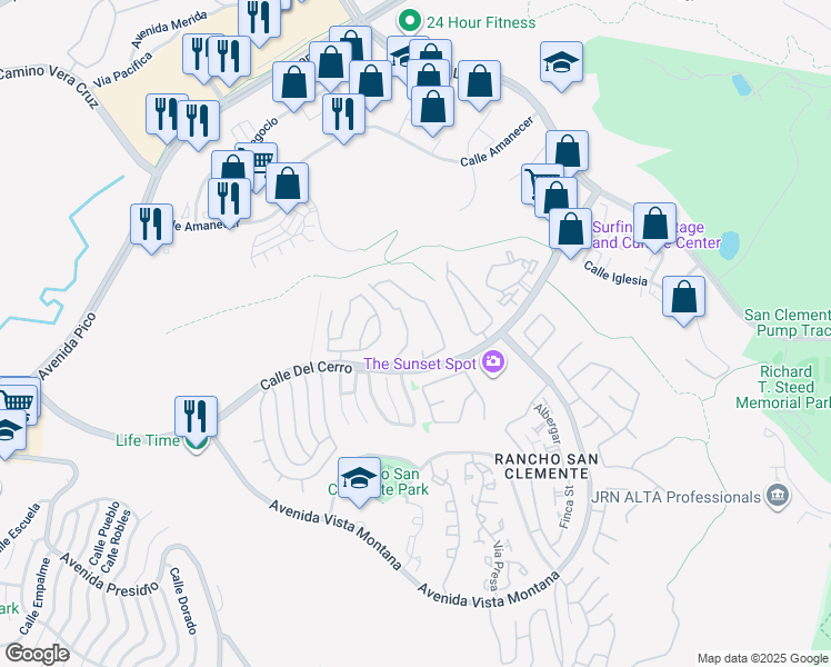 map of restaurants, bars, coffee shops, grocery stores, and more near 1052 Calle Del Cerro in San Clemente