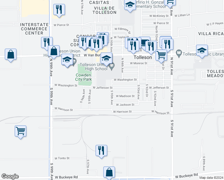 map of restaurants, bars, coffee shops, grocery stores, and more near 127 South 95th Avenue in Tolleson