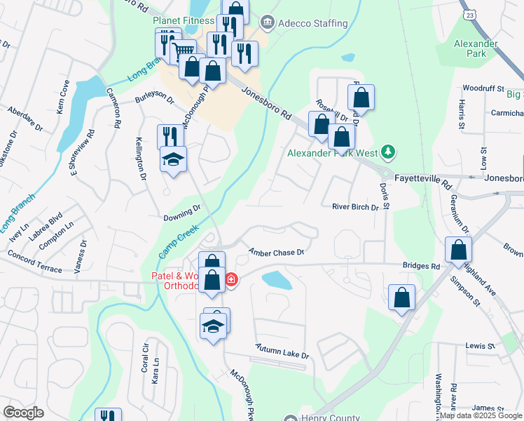 map of restaurants, bars, coffee shops, grocery stores, and more near 874 Sweetwater Way in McDonough