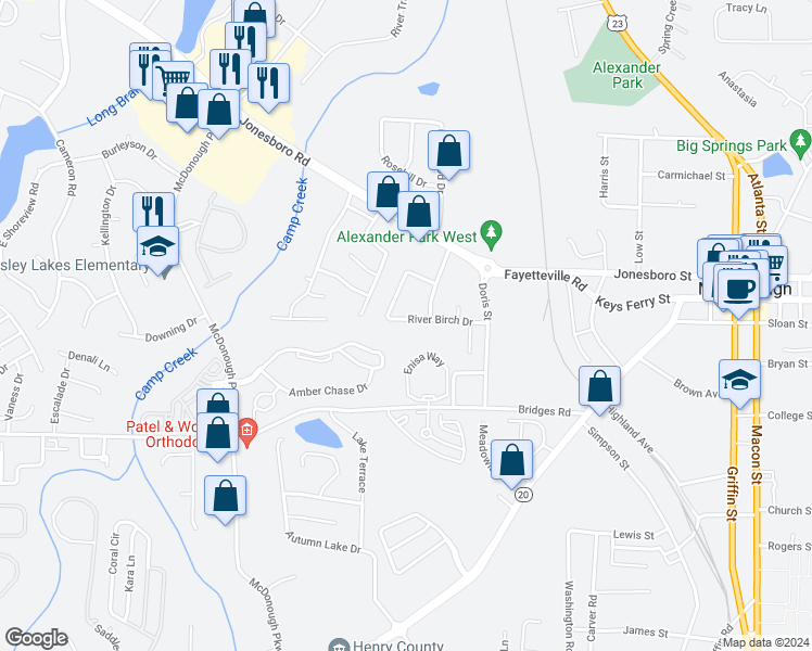 map of restaurants, bars, coffee shops, grocery stores, and more near 219 River Birch Drive in McDonough