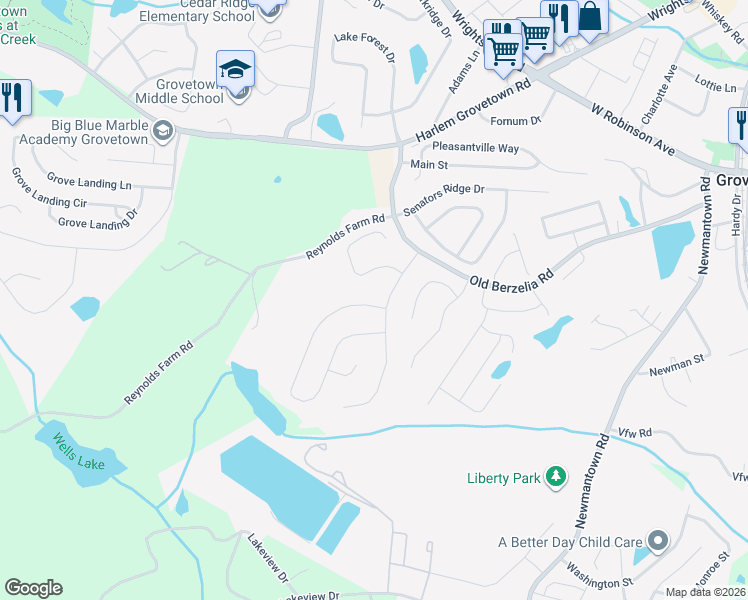 map of restaurants, bars, coffee shops, grocery stores, and more near 6100 Reynolds Circle in Grovetown