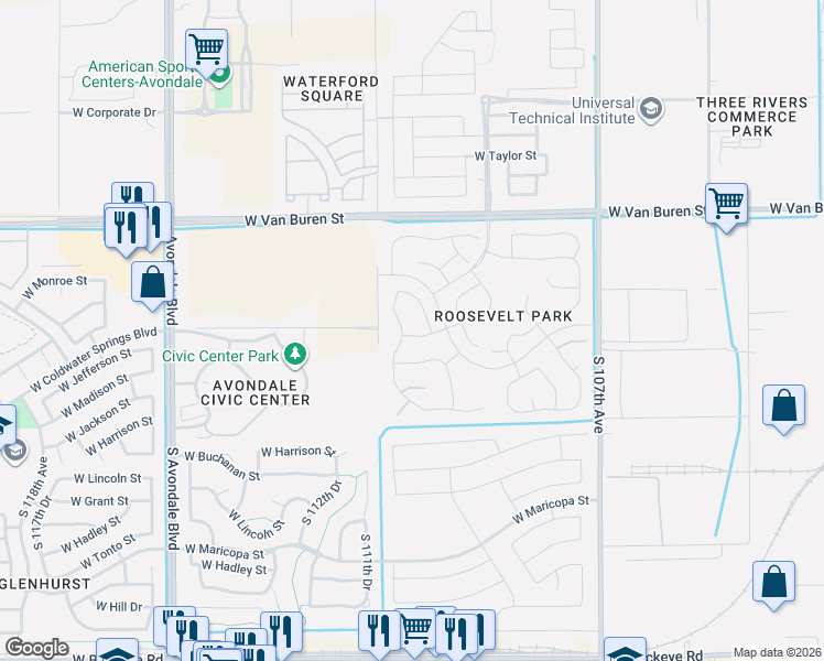 map of restaurants, bars, coffee shops, grocery stores, and more near 121 North 110th Drive in Avondale
