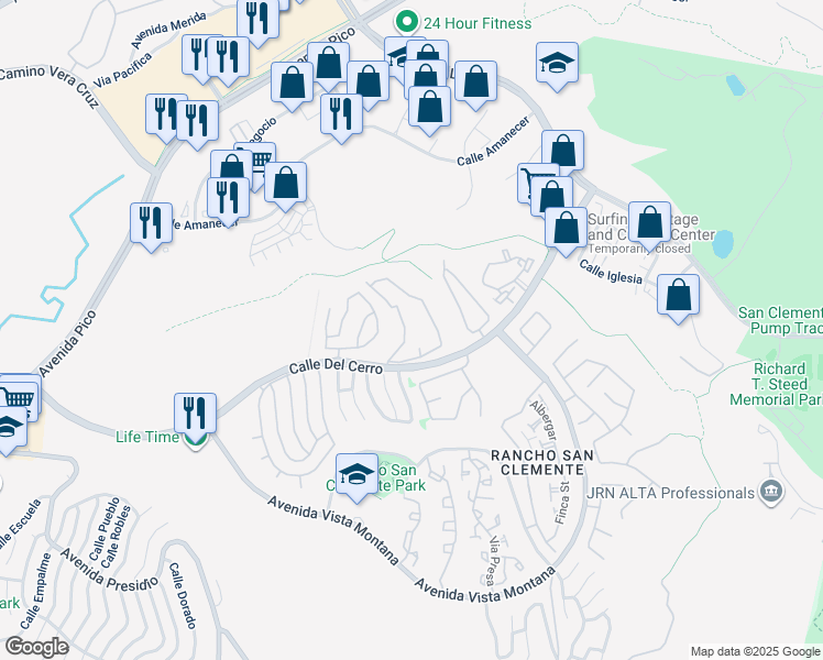 map of restaurants, bars, coffee shops, grocery stores, and more near 1052 Calle Del Cerro in San Clemente