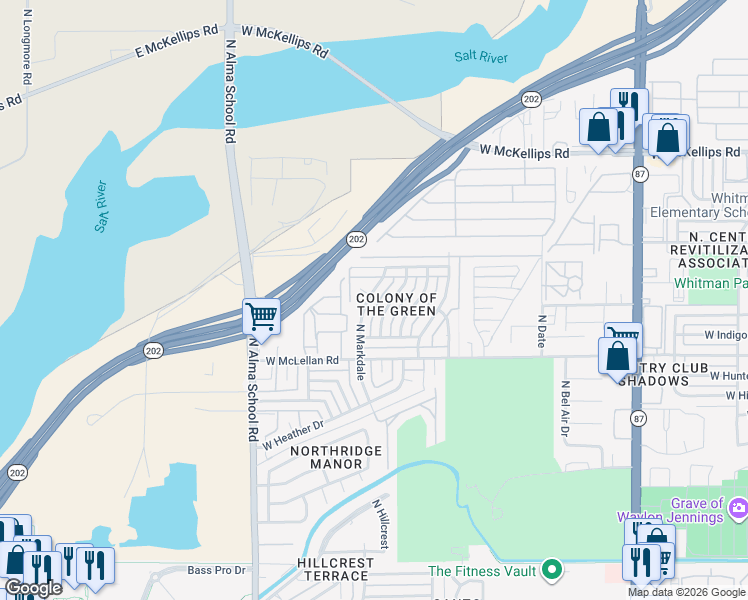 map of restaurants, bars, coffee shops, grocery stores, and more near 1649 North Trevor in Mesa