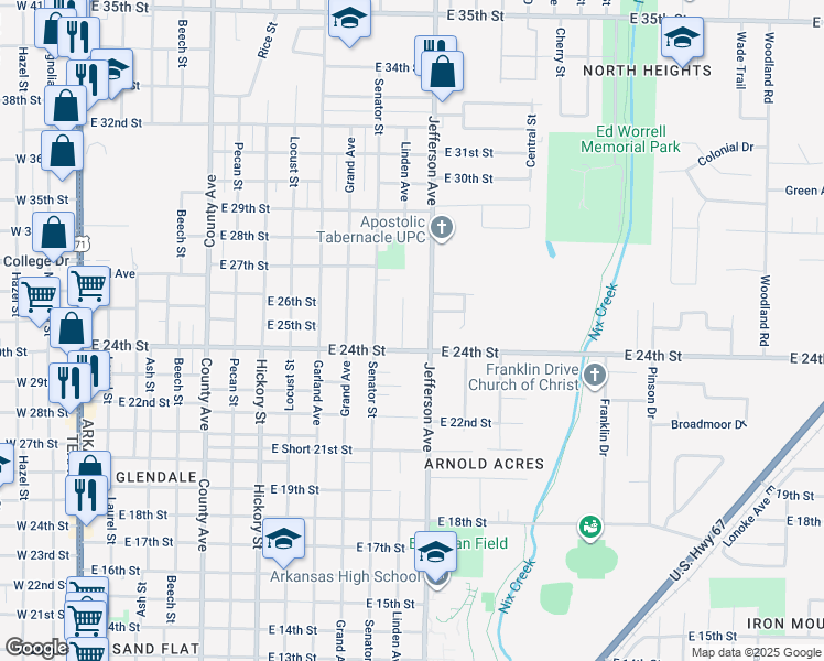map of restaurants, bars, coffee shops, grocery stores, and more near 2420 Linden Avenue in Texarkana