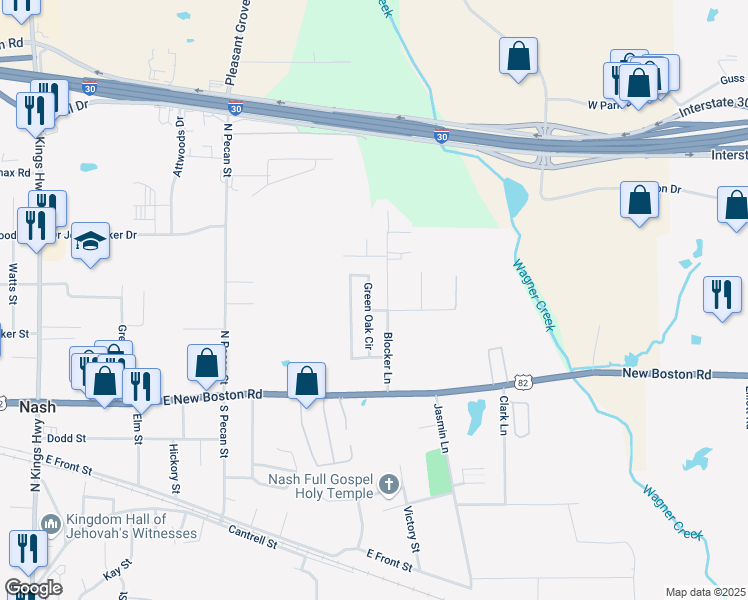 map of restaurants, bars, coffee shops, grocery stores, and more near 277 Blocker Lane in Nash