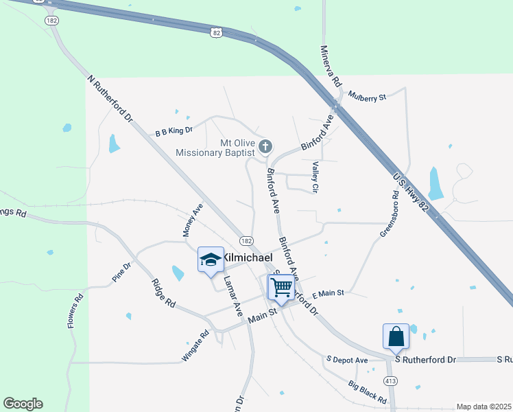 map of restaurants, bars, coffee shops, grocery stores, and more near 401 Guinea Tom Avenue in Kilmichael