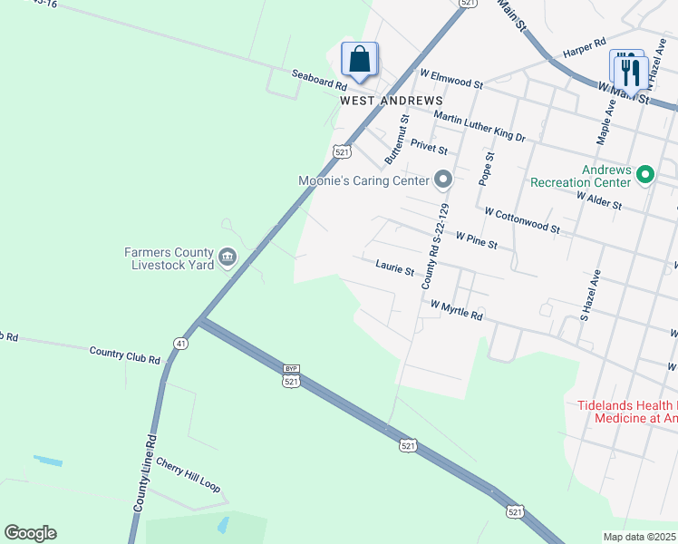 map of restaurants, bars, coffee shops, grocery stores, and more near 199 James Drive in Andrews