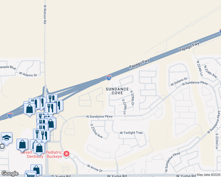 map of restaurants, bars, coffee shops, grocery stores, and more near 23048 West Gardenia Drive in Buckeye