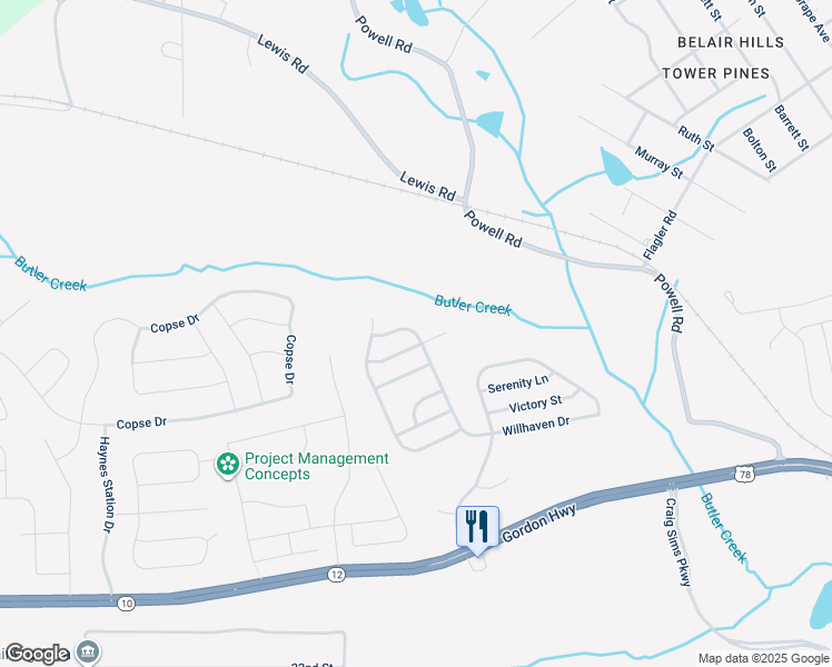 map of restaurants, bars, coffee shops, grocery stores, and more near 2733 Huntcliffe Drive in Grovetown