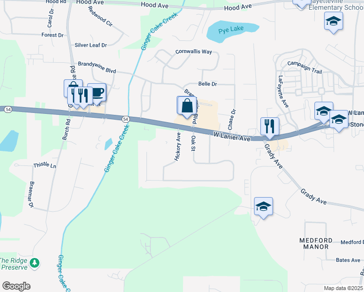 map of restaurants, bars, coffee shops, grocery stores, and more near 106 Hickory Avenue in Peachtree City