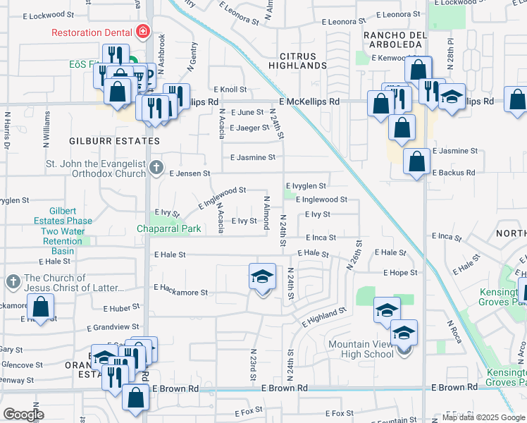map of restaurants, bars, coffee shops, grocery stores, and more near 1628 North 24th Street in Mesa