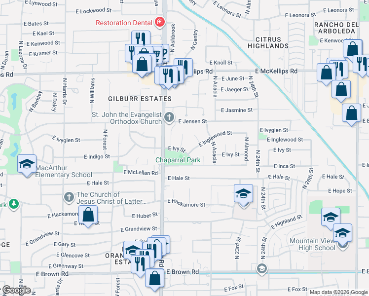 map of restaurants, bars, coffee shops, grocery stores, and more near 1645 North Gilbert Road in Mesa