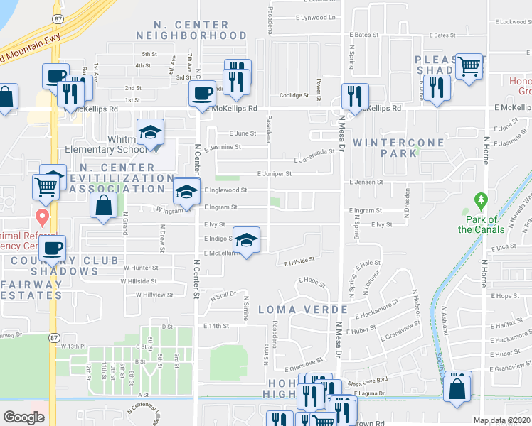 map of restaurants, bars, coffee shops, grocery stores, and more near 1655 North Pasadena in Mesa