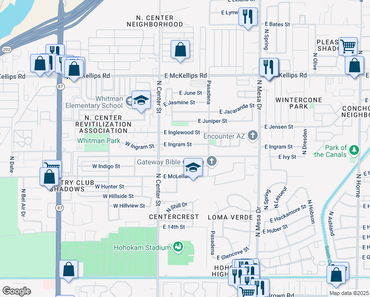 map of restaurants, bars, coffee shops, grocery stores, and more near 55 East Ivy Street in Mesa