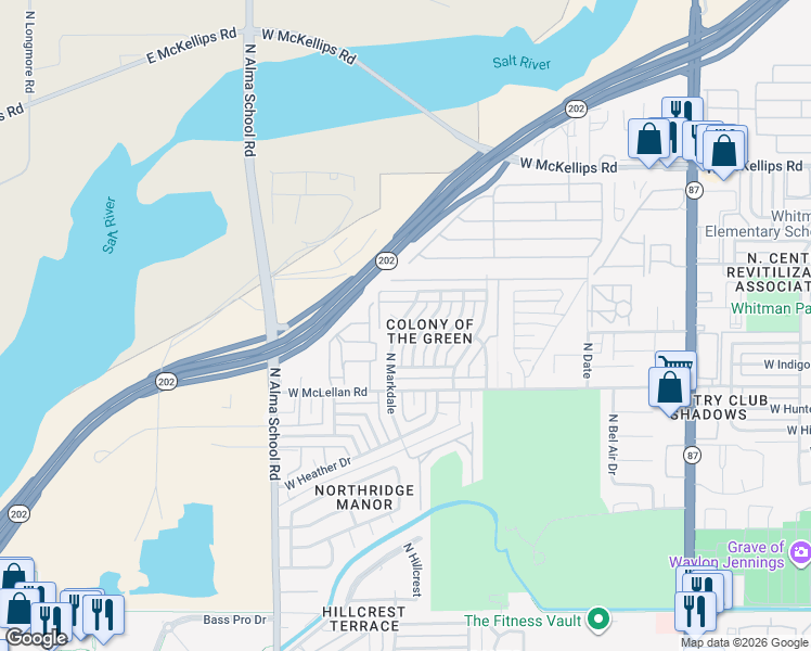 map of restaurants, bars, coffee shops, grocery stores, and more near 1649 North Trevor in Mesa