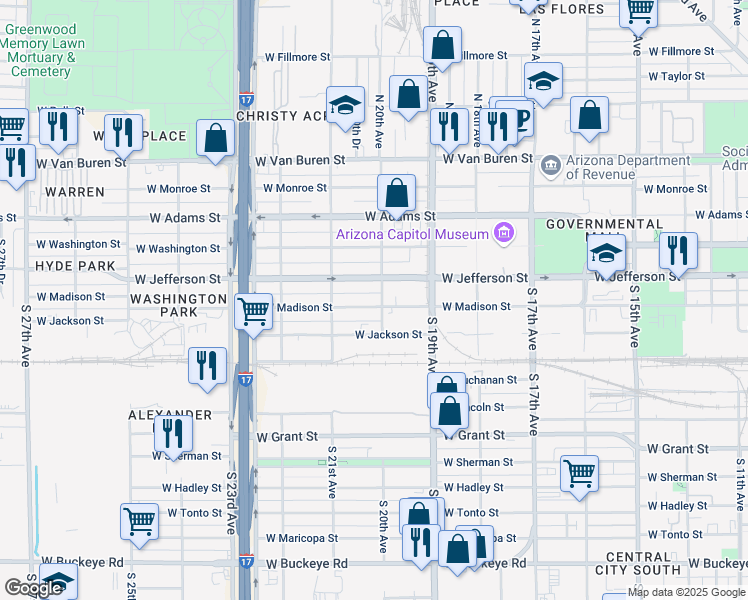 map of restaurants, bars, coffee shops, grocery stores, and more near 2001 West Madison Street in Phoenix