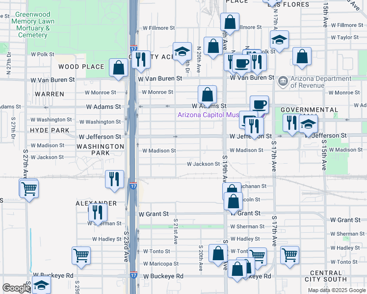 map of restaurants, bars, coffee shops, grocery stores, and more near 2041 West Madison Street in Phoenix