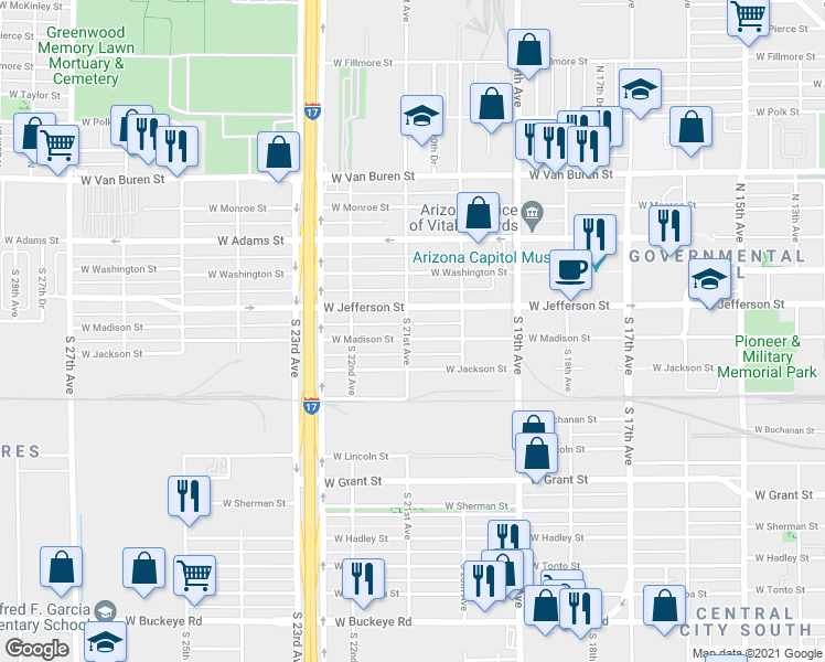 map of restaurants, bars, coffee shops, grocery stores, and more near 2041 West Madison Street in Phoenix