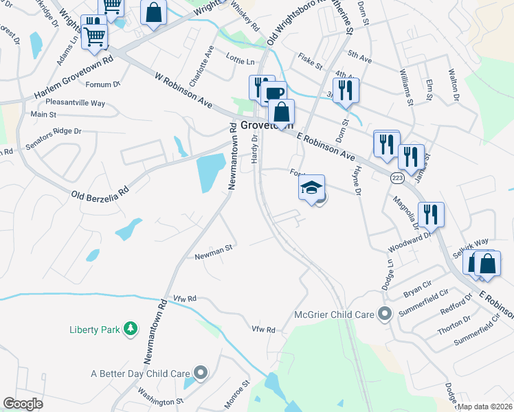 map of restaurants, bars, coffee shops, grocery stores, and more near 220 Hardy Drive in Grovetown