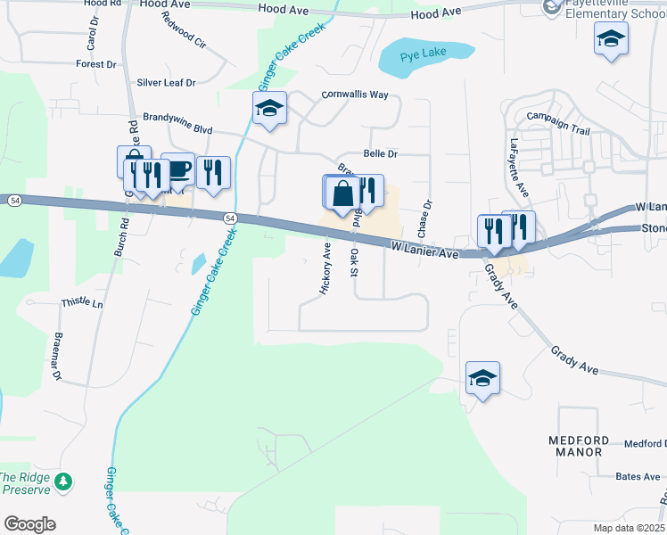 map of restaurants, bars, coffee shops, grocery stores, and more near 106 Hickory Avenue in Peachtree City