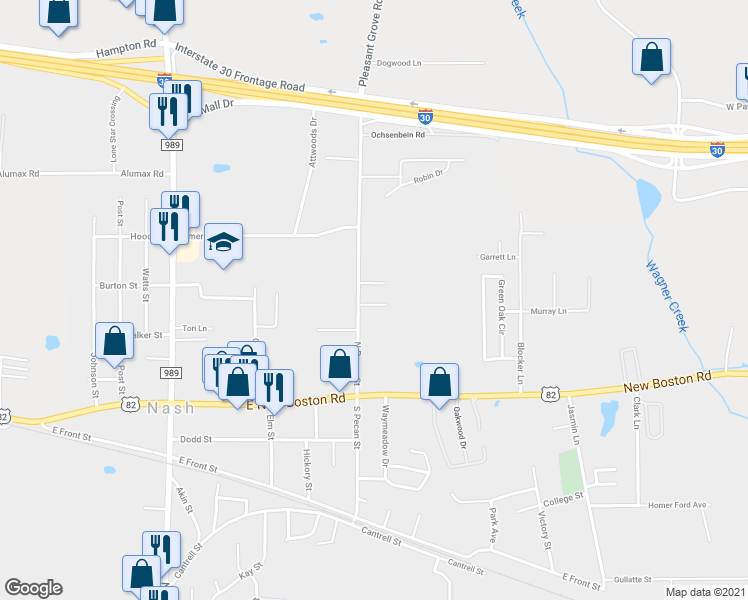 map of restaurants, bars, coffee shops, grocery stores, and more near 312 North Pecan Street in Nash