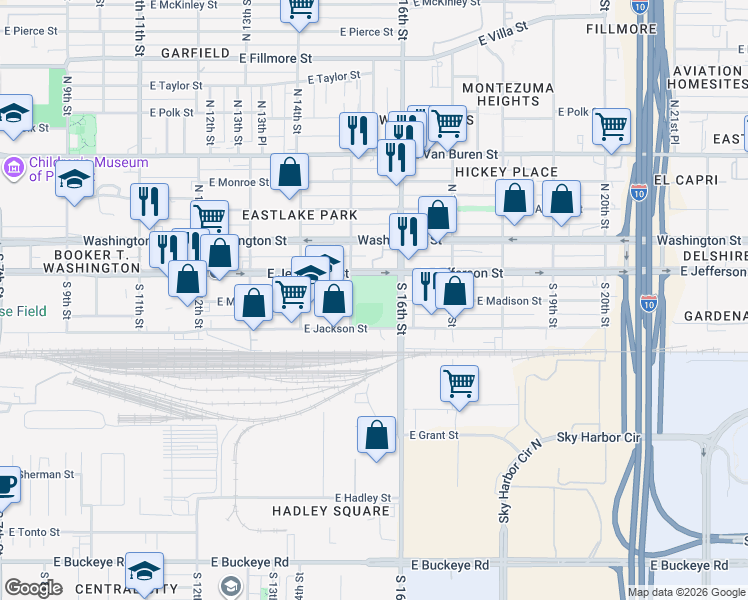 map of restaurants, bars, coffee shops, grocery stores, and more near 1602 E Jackson St in Phoenix