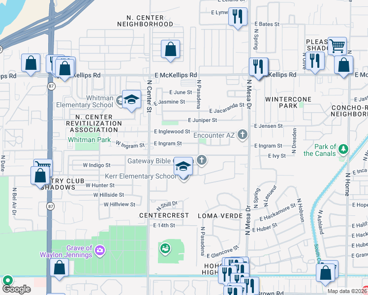 map of restaurants, bars, coffee shops, grocery stores, and more near 135 East Ivy Street in Mesa