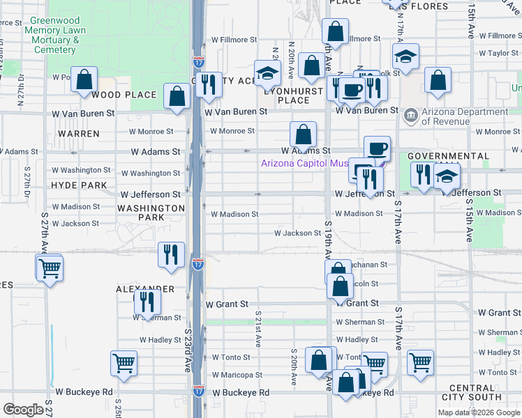 map of restaurants, bars, coffee shops, grocery stores, and more near 2041 West Madison Street in Phoenix