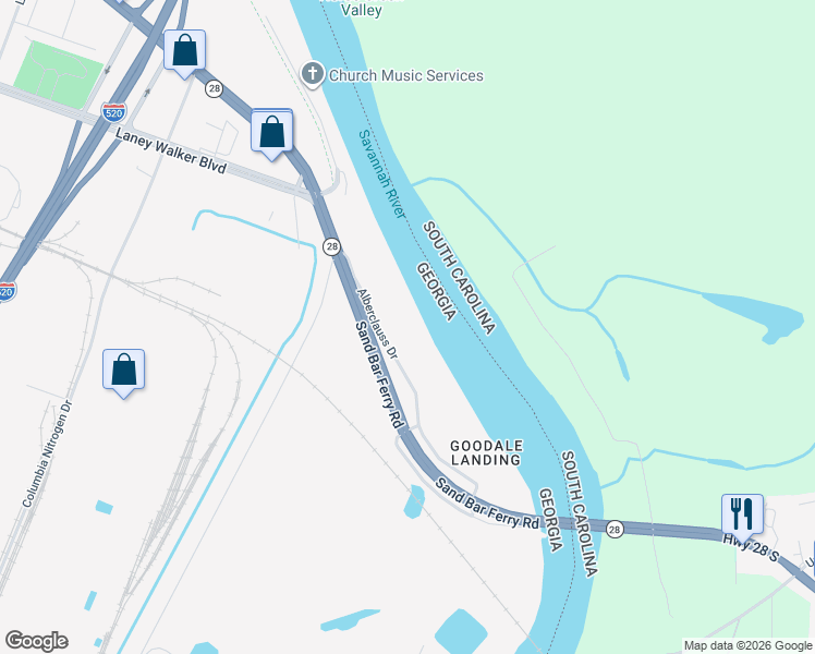 map of restaurants, bars, coffee shops, grocery stores, and more near 43 Alberclauss Drive in Augusta